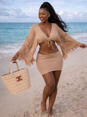 Beige Fringe Two-Piece Crop Top & Mini Skirt Set